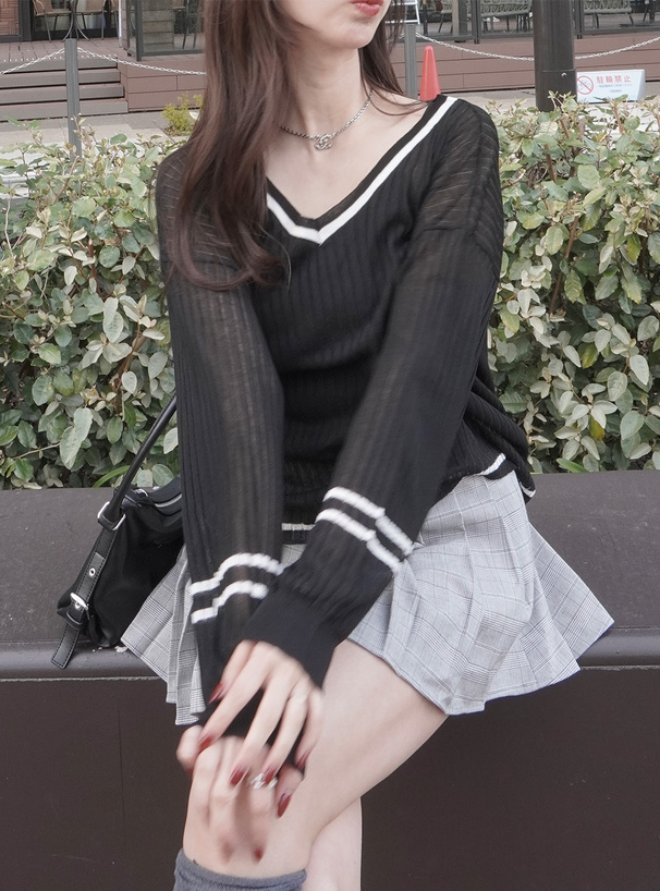 配色ラインVネックメッシュニットトップス