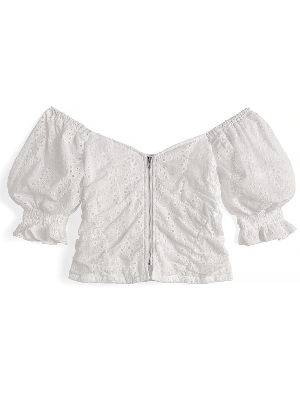 フロントジップパンチングレースオフショルダートップス