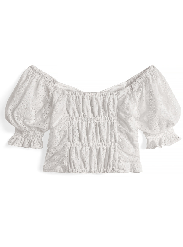 フロントジップパンチングレースオフショルダートップス