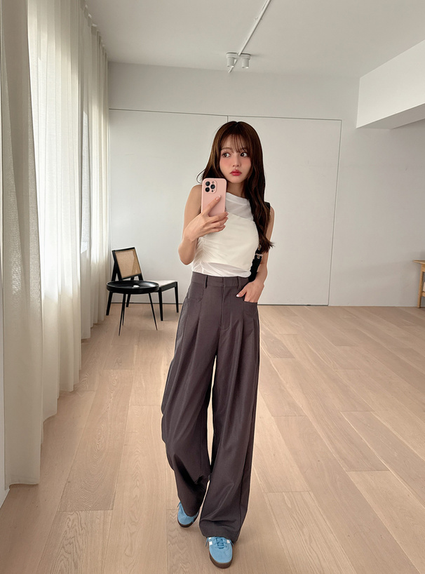 934新品BRILLANTE麻混 大人モードプリントドッキング アシンメトリーT セール】Sheer asymmetry tank シアーアシンメトリータンク