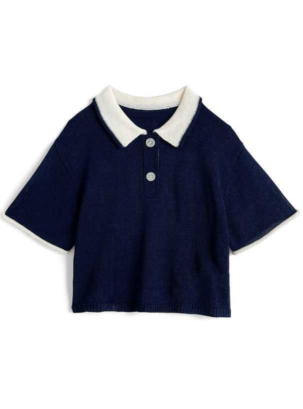 配色ポロニットトップス