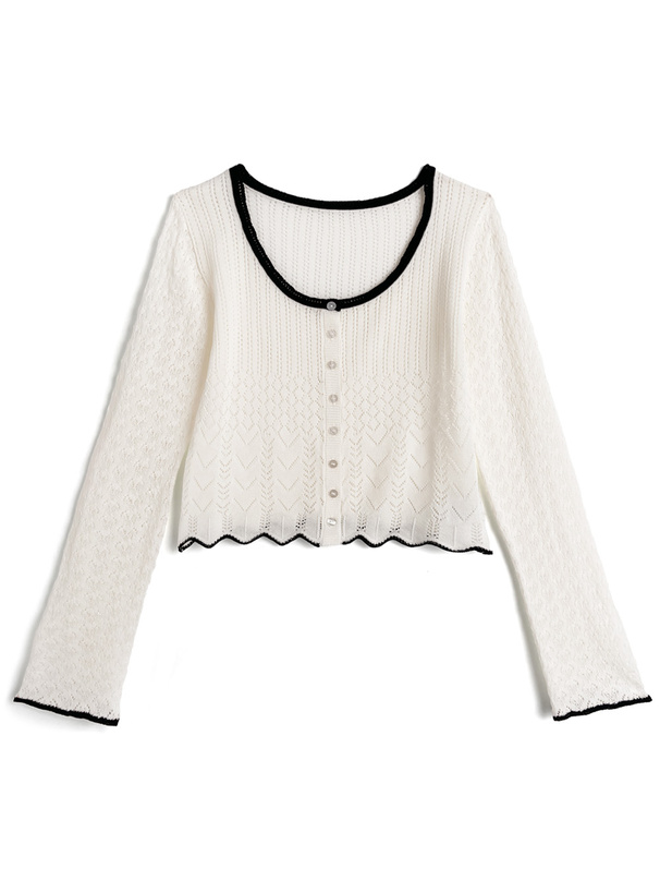 配色スカラップ透かし編みニットカーディガン