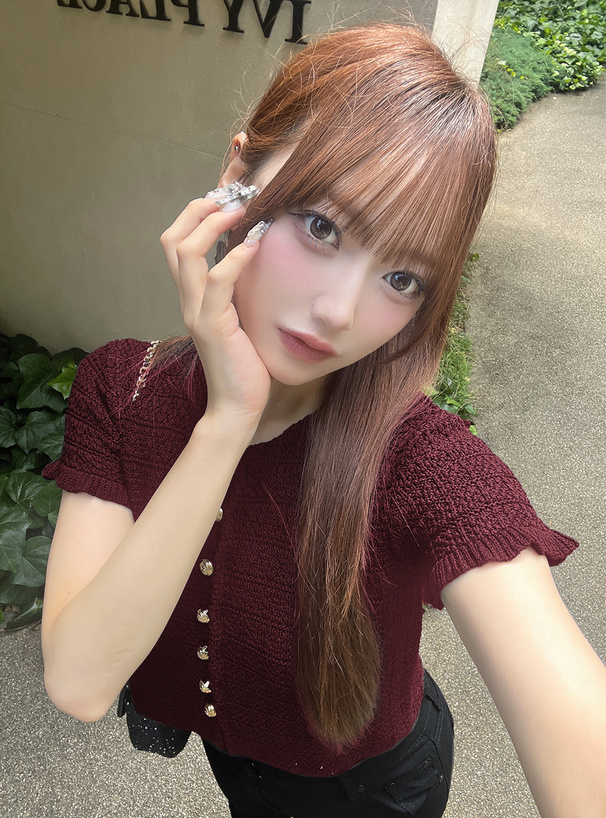 ゴールドボタンフリルニットカーディガン