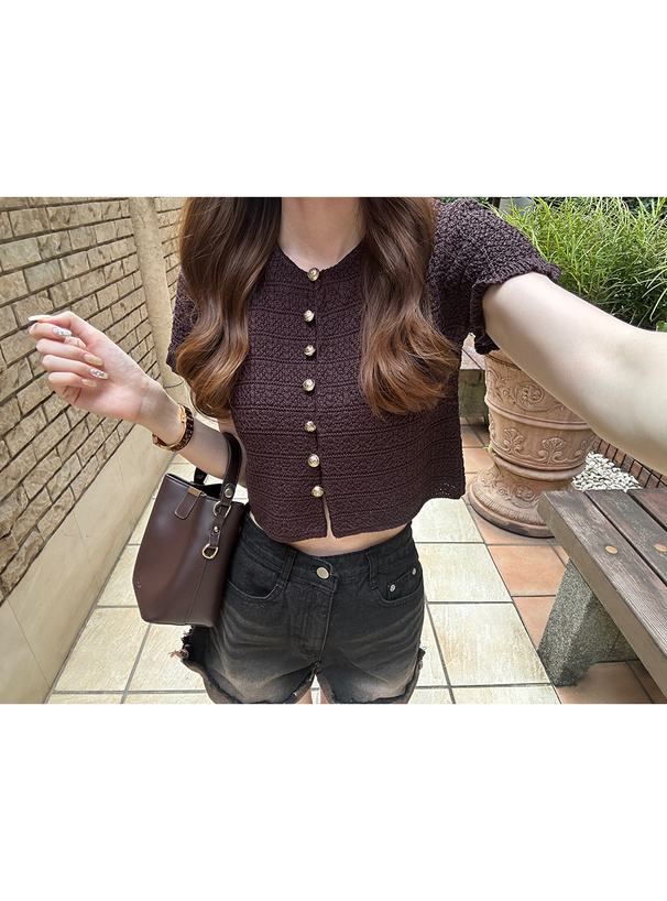 ゴールドボタンフリルニットカーディガン