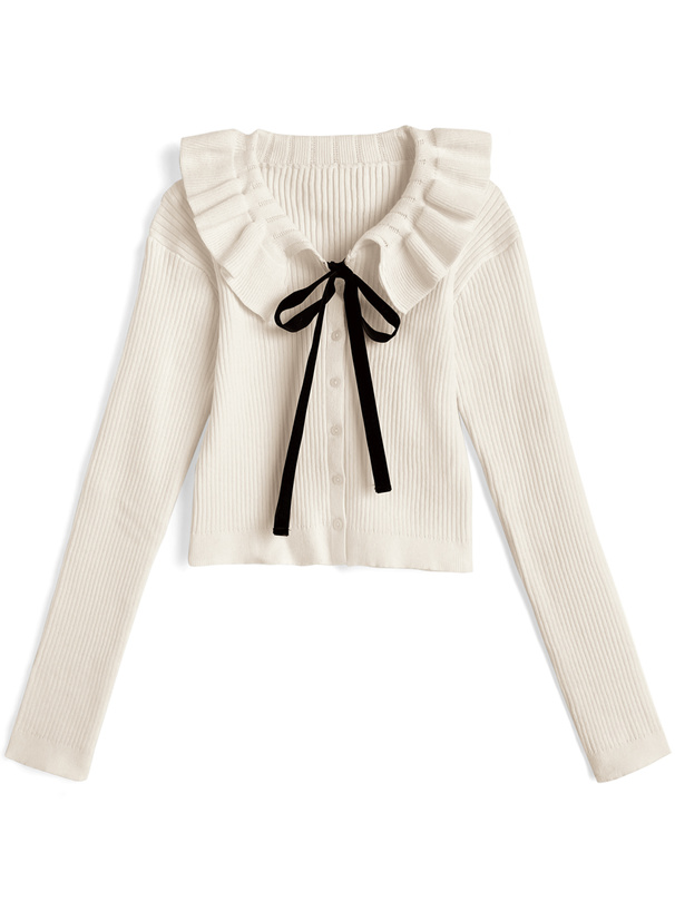 フリルカラーリボンリブニットカーディガン