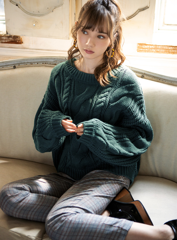 ケーブル編みワイドネックニットトップス[an1809] | レディース