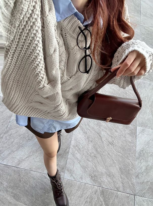 ケーブル編みワイドネックニットトップス[an1809] | レディース