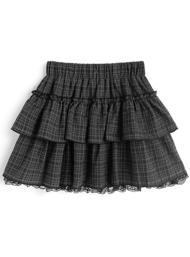 インパン裏地付きチェック柄ティアードフリルレースミニスカート