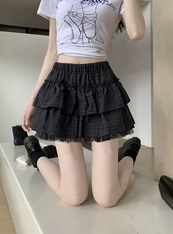 インパン裏地付きチェック柄ティアードフリルレースミニスカート