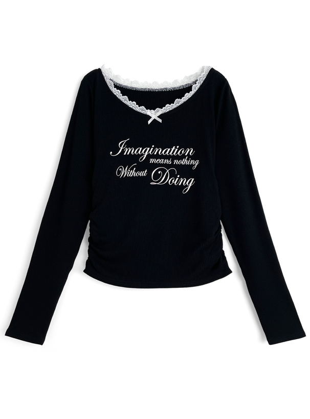 レースリボンロゴプリントトップス[an1812]