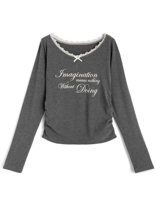 レースリボンロゴプリントトップス