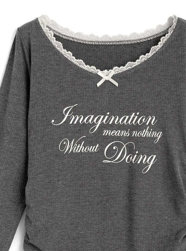 レースリボンロゴプリントトップス