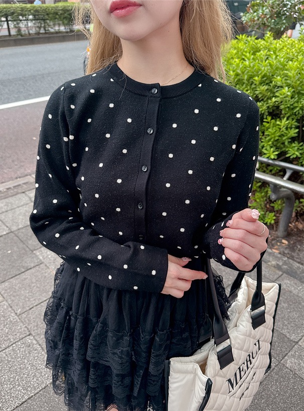 ドット柄ショート丈ニットカーディガン