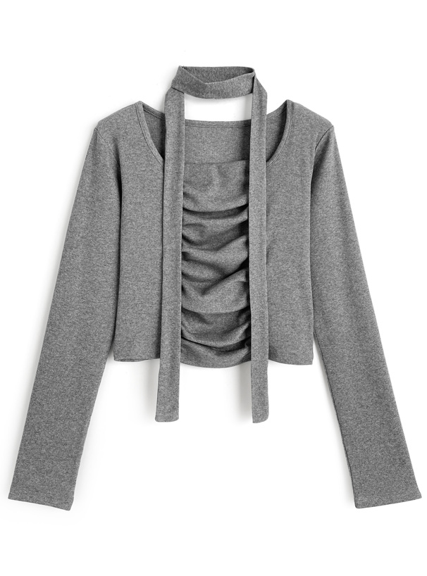 タイ付きギャザーリブトップス