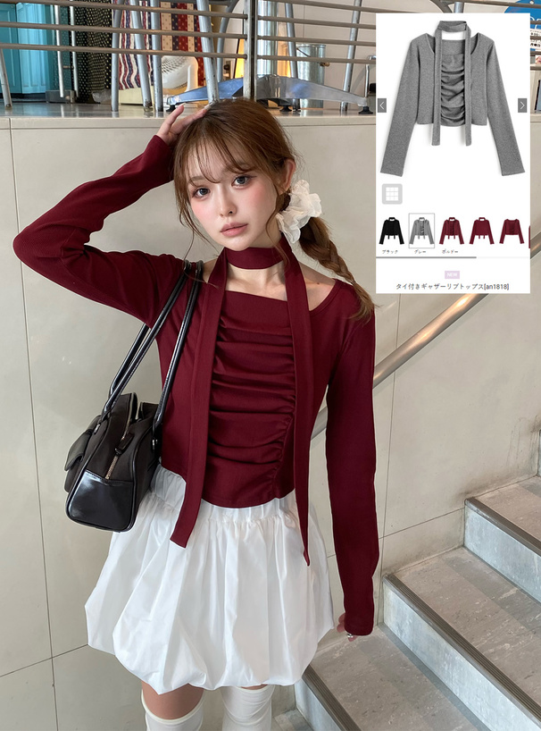 タイ付きギャザーリブトップス