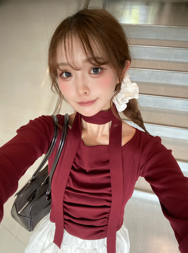 タイ付きギャザーリブトップス