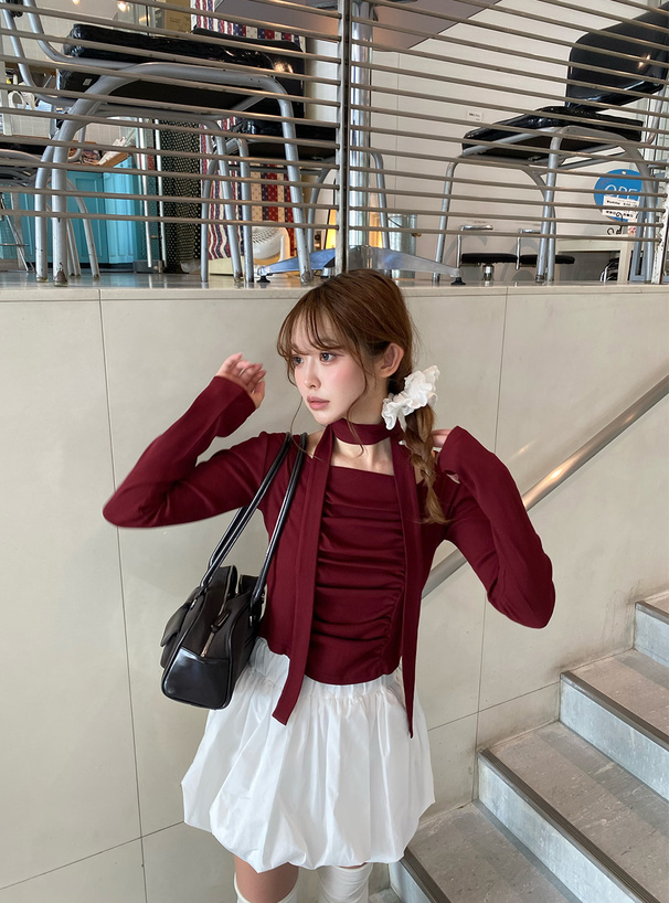 タイ付きギャザーリブトップス