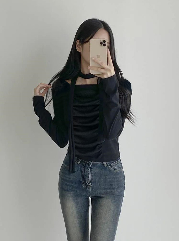 タイ付きギャザーリブトップス