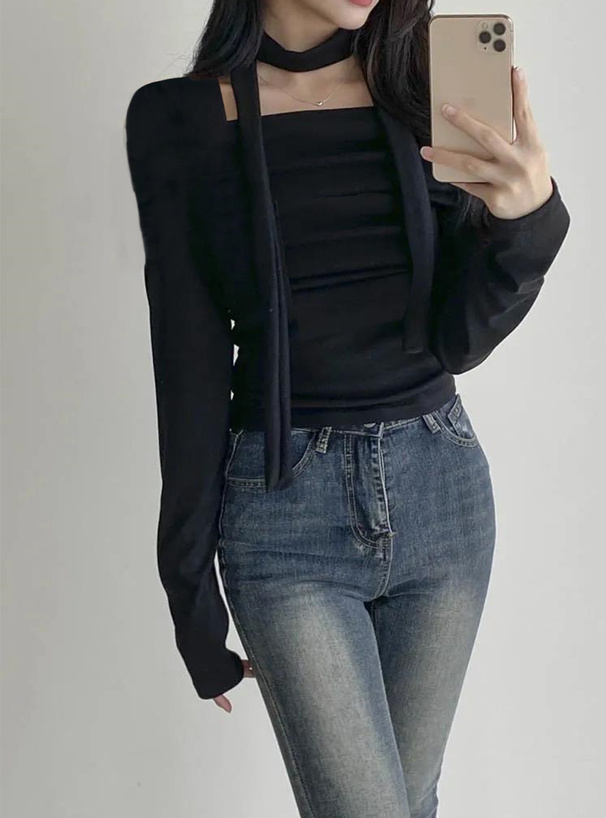 タイ付きギャザーリブトップス