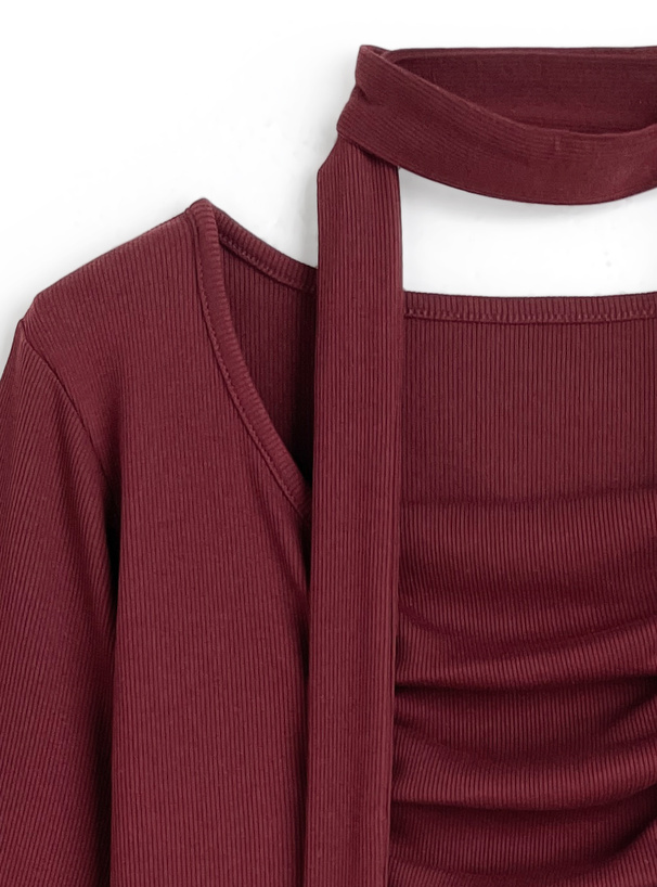 タイ付きギャザーリブトップス