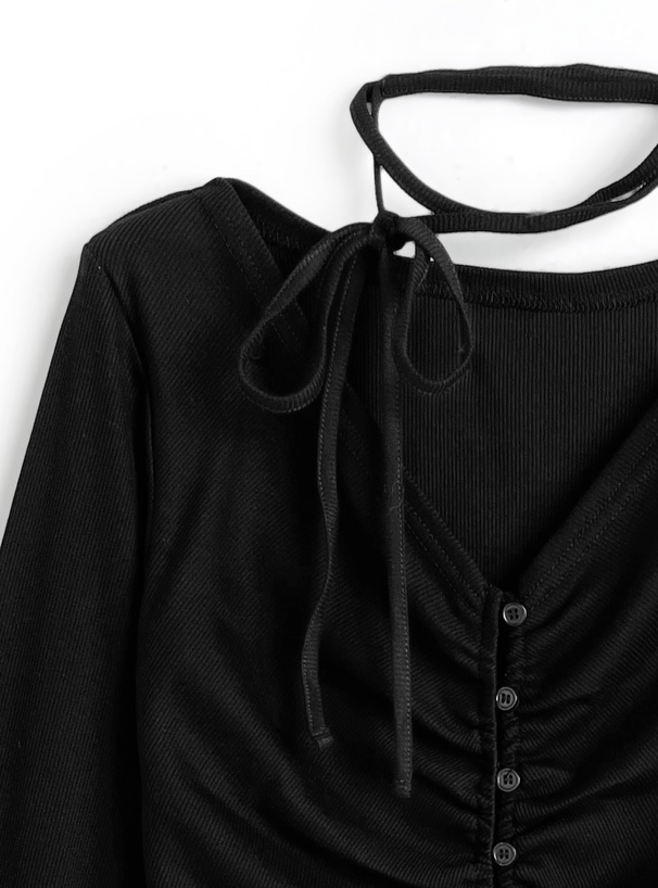 トップス Rinao タイ付きフロントギャザーボタンメロウトップス[an1824