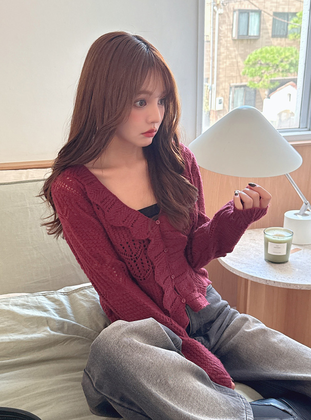 透かし編みフリルニットカーディガン