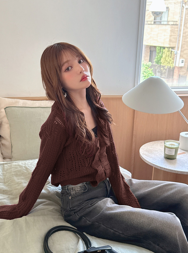 透かし編みフリルニットカーディガン