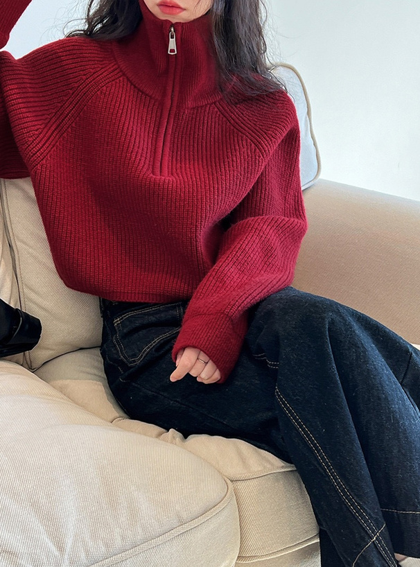 ハーブジップショート丈ニットトップス