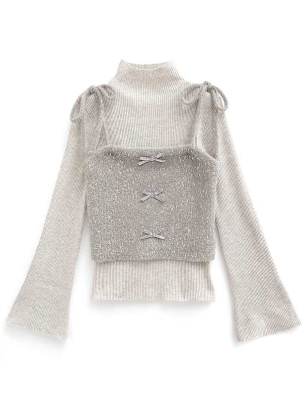 ハイネックトップス×リボンラメキャミソールニットアンサンブル[an1834
