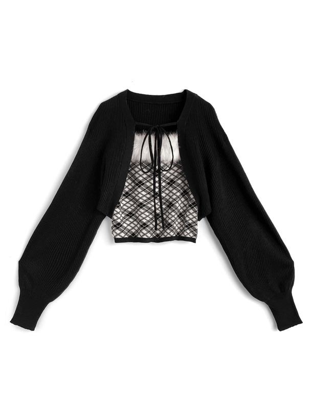 アーガイル柄ファーキャミソール×ボレロニットアンサンブル
