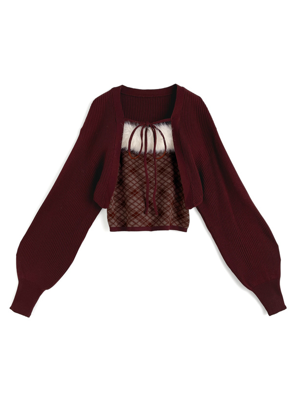 アーガイル柄ファーキャミソール×ボレロニットアンサンブル