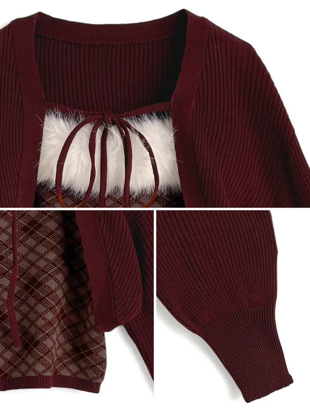 アーガイル柄ファーキャミソール×ボレロニットアンサンブル