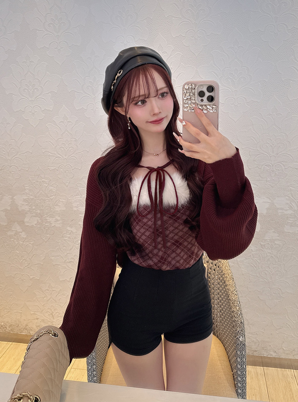 アーガイル柄ファーキャミソール×ボレロニットアンサンブル