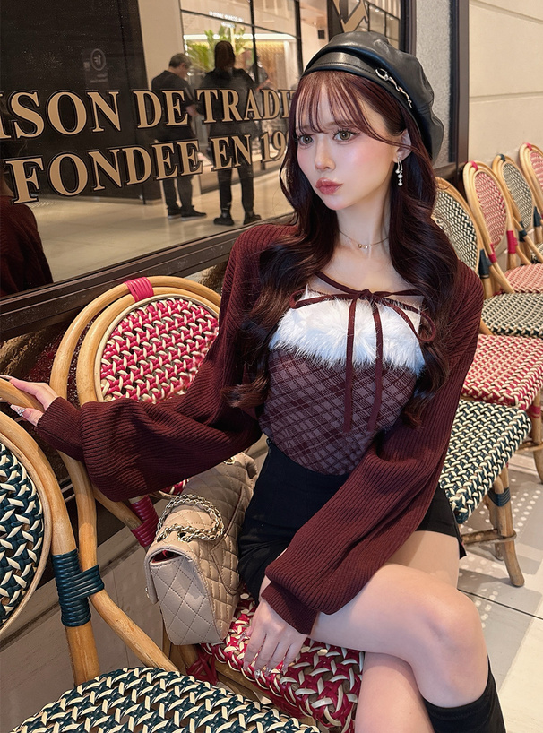 アーガイル柄ファーキャミソール×ボレロニットアンサンブル[an1840