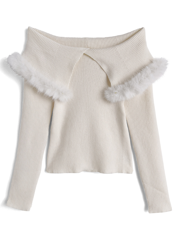 ファーケープリブニットトップス