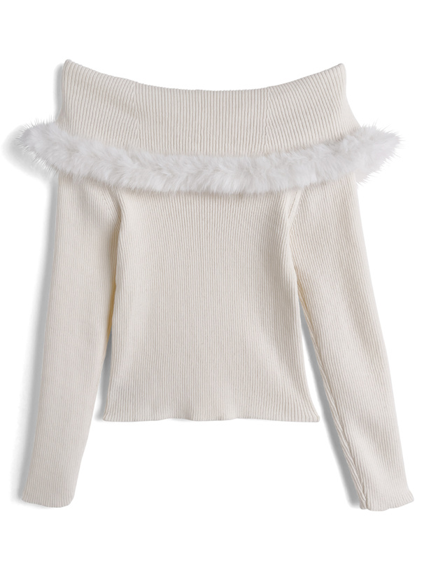 ファーケープリブニットトップス