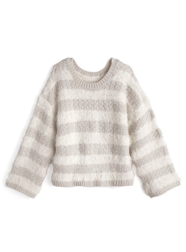 ボーダー柄シャギーニットトップス