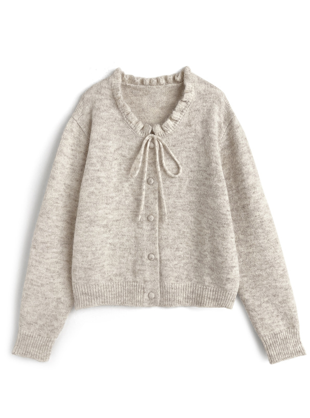 フリルネックリボンニットカーディガン
