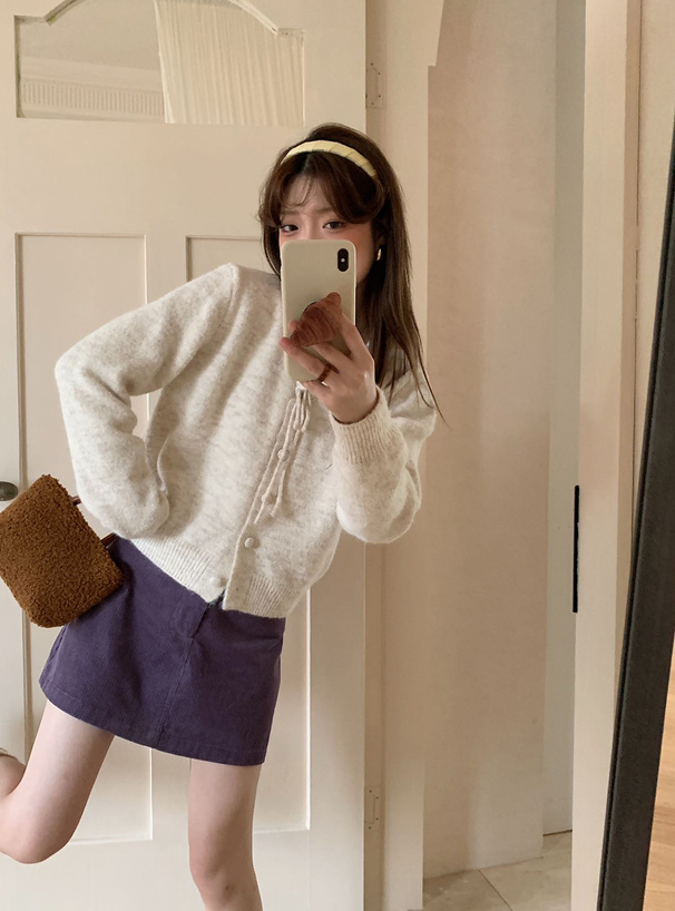 フリルネックリボンニットカーディガン