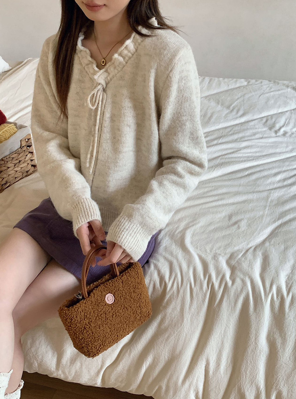 フリルネックリボンニットカーディガン