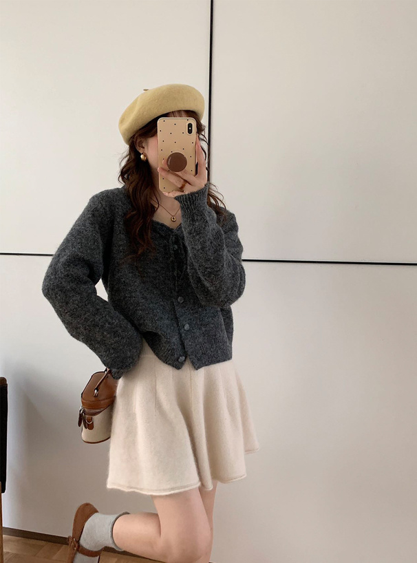 フリルネックリボンニットカーディガン