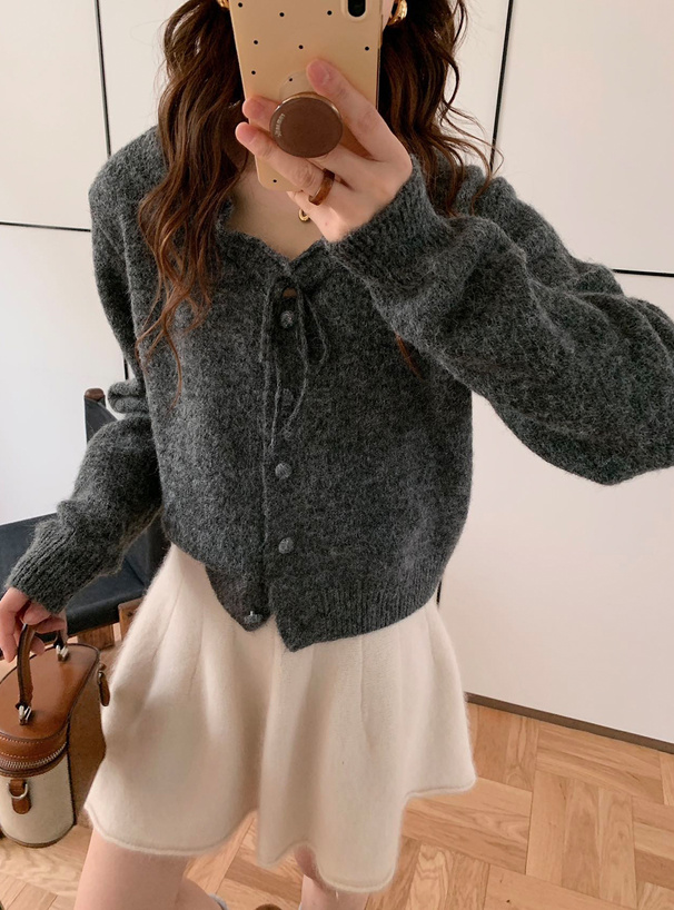 フリルネックリボンニットカーディガン