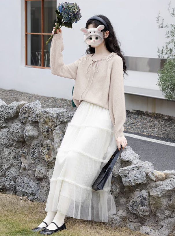 フリルリボンニットトップス