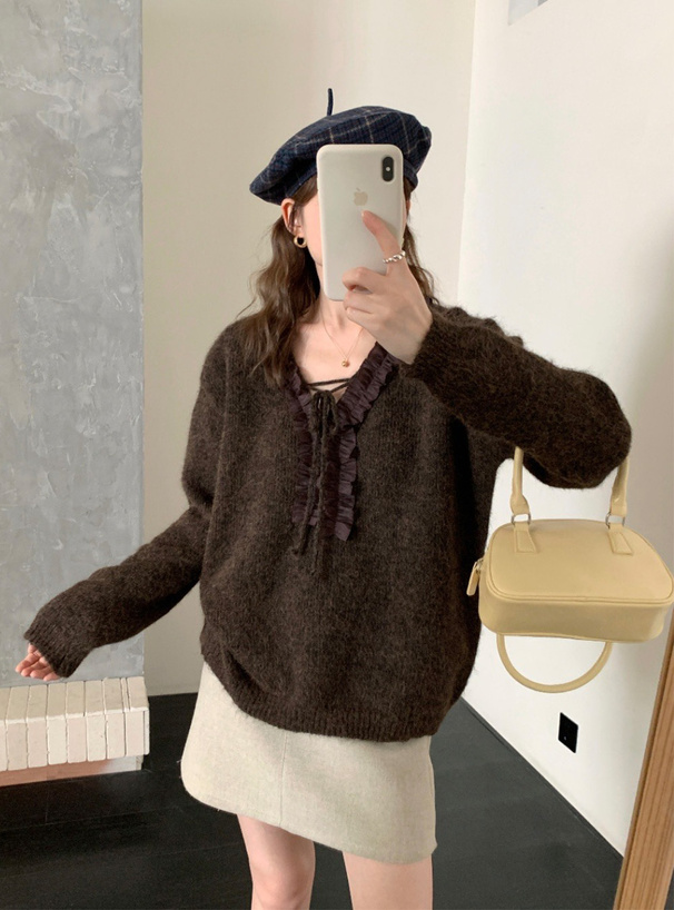 シアーフリルリボンニットトップス[an1865] | レディースファッション