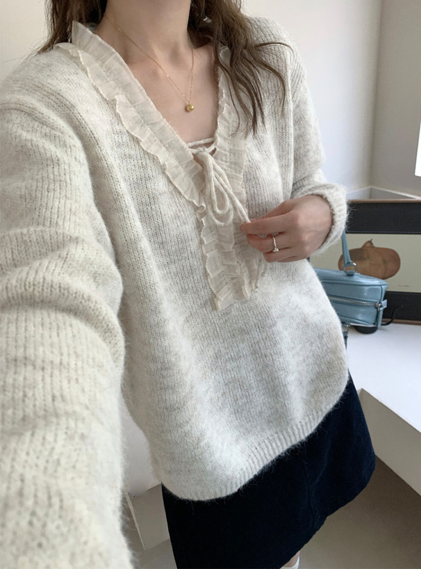 シアーフリルリボンニットトップス