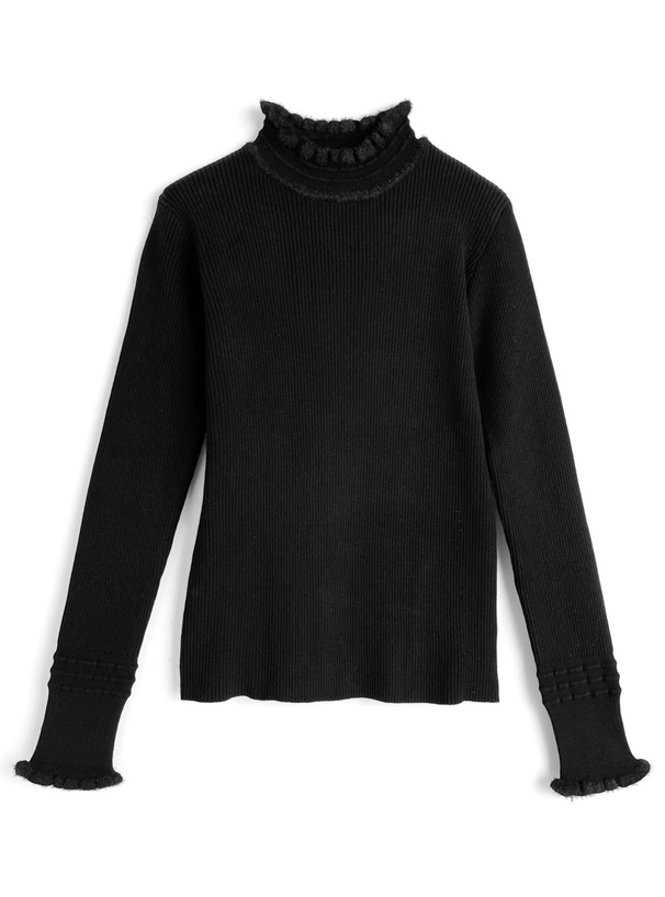 ハイネックシャギーフリルリブニットトップス