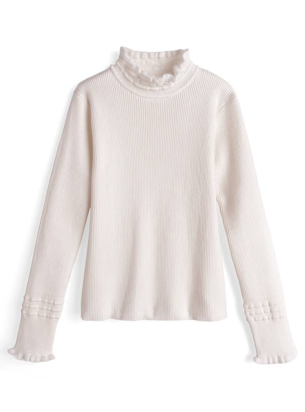 ハイネックシャギーフリルリブニットトップス