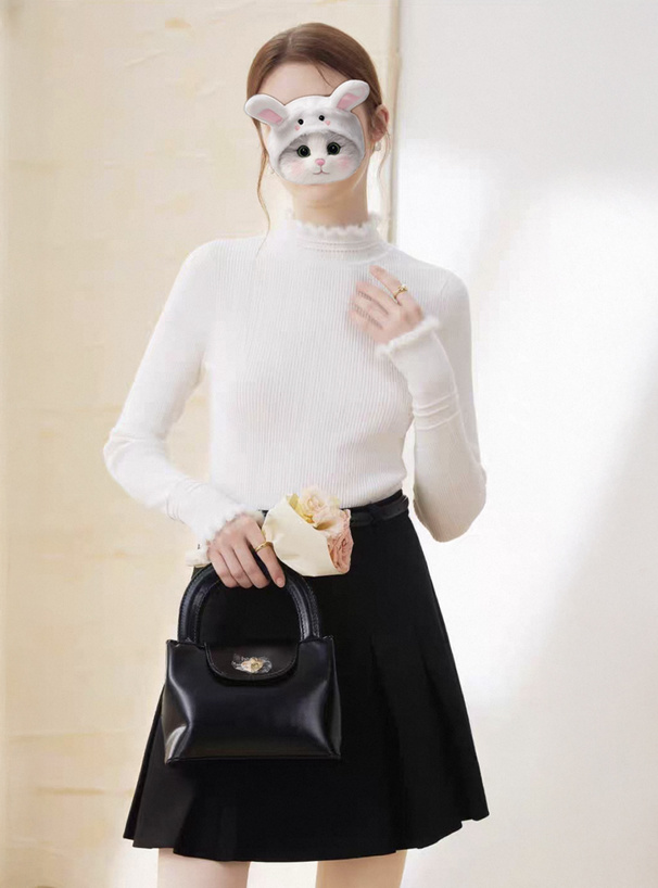 ハイネックシャギーフリルリブニットトップス