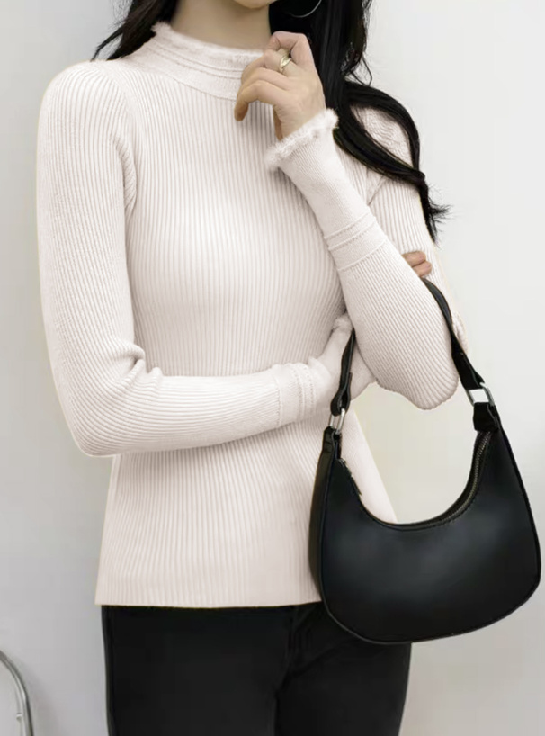 ハイネックシャギーフリルリブニットトップス