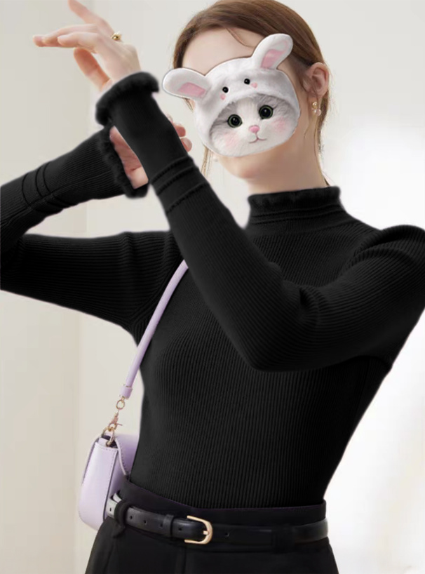 ハイネックシャギーフリルリブニットトップス